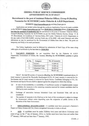 OPSC Recruitment 2016 for 53 Asst. Fisheries Officer Posts