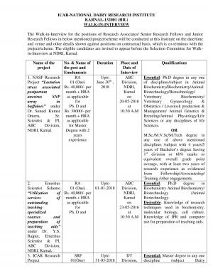 ICAR- NDRI, Haryana Recruitment 2016 for 17 RA, SRF & JRF Posts 