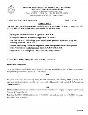 SCTIMST Thiruvananthapuram Recruitment 2016 for Additional Professor and Other Posts