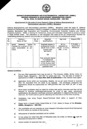 DEBEL Recruitment 2016 for Junior Research Fellow (JRF) Post