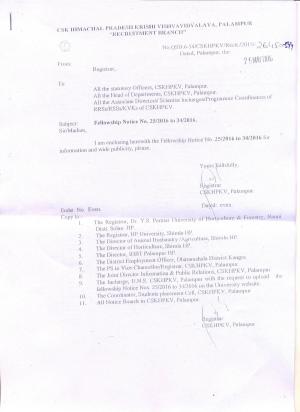 CSK, HPKVV, Palampur Recruitment 2016 for 07 Senior Research Fellow & Field Assistant Posts