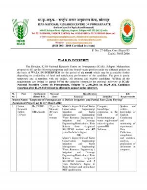 ICAR-NRCP Recruitment 2016 for 04 Senior Research Fellow Posts