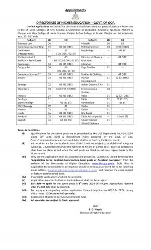 DHE, Goa Recruitment 2016 for 165 Assistant Professor Posts