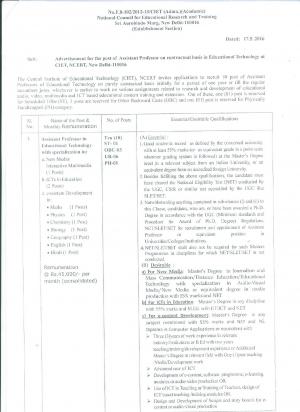 CIET, NCERT Recruitment 2016 for 10 Assistant Professor Posts