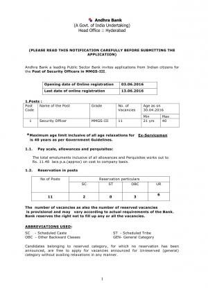 Andhra Bank Recruitment 2016 for 11 Security Officer Posts