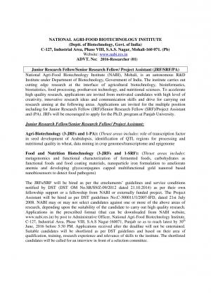 NABI Recruitment 2016 for 08 JRF & Other Posts 
