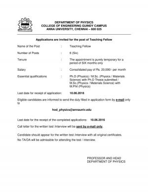 Anna University, Chennai Recruitment 2016 for 06 Teaching Fellow Posts