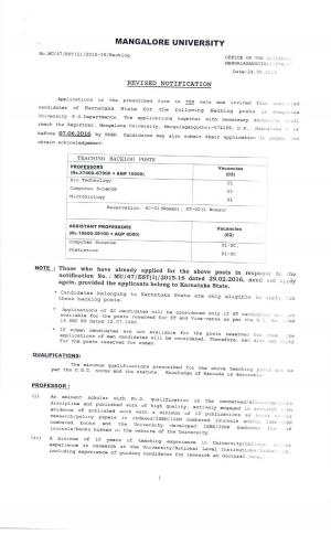 Mangalore University Recruitment 2016 for 05 Faculty Posts
