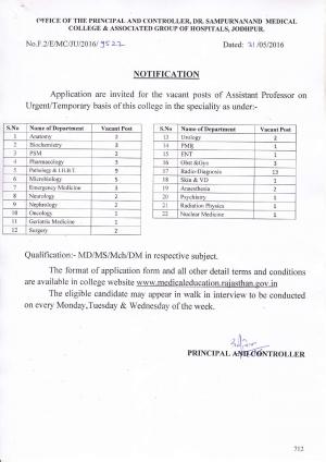 Dr. SN Medical College, Jodhpur Recruitment 2016 for 61 Assistant Professor Posts