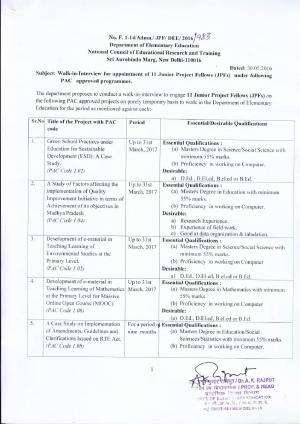 NCERT, New Delhi Recruitment 2016 for 11 Junior Research Fellow (JRF) Posts