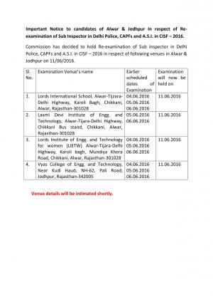 SSCNR Released Re-Examination Date of Sub Inspector in Delhi Police, CAPFs and A.S.I. in CISF 2016