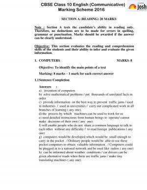 CBSE Class 10 English (Communicative) SA‒II 2016 Marking Scheme
