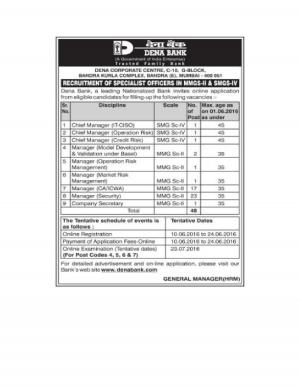 Dena Bank Recruitment 2016 for 48 Specialist Officers in MMGS-II & SMGS-IV Posts 