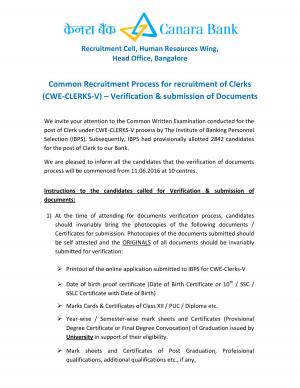 Canara Bank recruitment for CWE Clerks V, Verification and Documents Submission Date Announced  