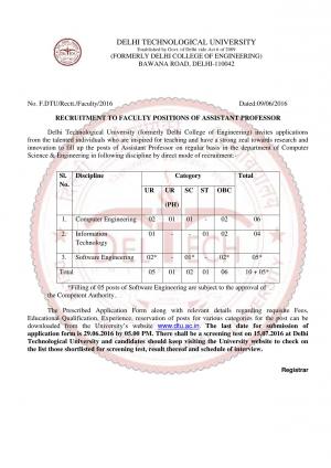DTU Recruitment 2016 for 15 Assistant Professor Posts, Apply before 29 June