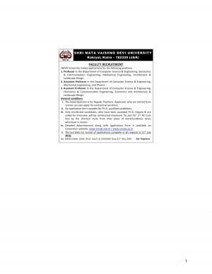 SMVDUK, Katra Recruitment 2016 for Faculty Posts
