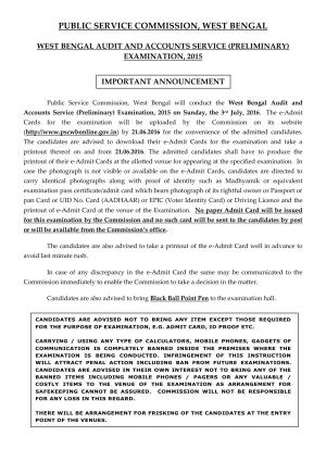 WBPSC West Bengal Audit and Accounts Service (Preliminary) Examination 2015: Exam Date 