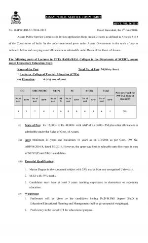 Assam PSC Recruitment 2016 for 34 Lecturer Posts