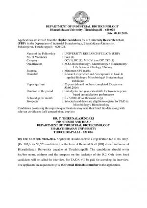 Bharathidasan University Recruitment 2016 for 04 URF Posts