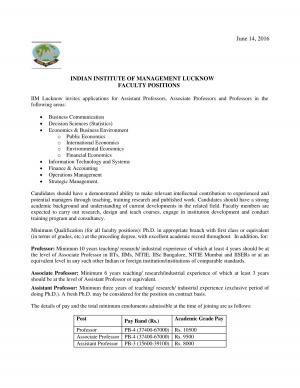 IIM Lucknow Recruitment 2016 for Faculty Posts