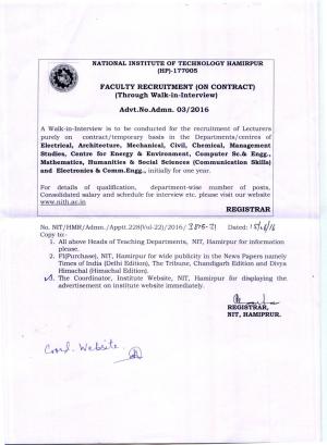 NIT, Hamirpur Recruitment 2016 for 31 Lecturers Posts