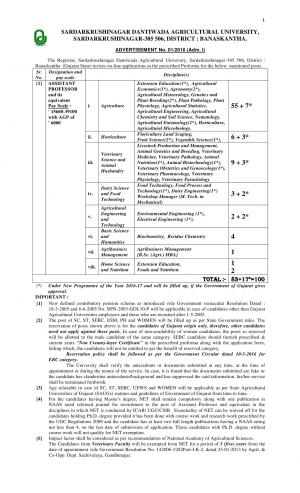 SDAU Recruitment 2016 for 100 Assistant Professor Posts; Apply by 21 July 