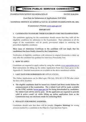 UPSC National Defence Academy & Naval Academy Examination 2016, Applications Invited for 410 Posts