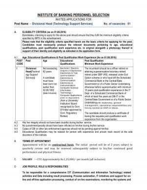 IBPS Recruitment 2016 for Divisional Head (Technology Support Services) Post