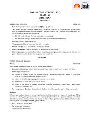 CBSE Class 11 English Core Syllabus 2016 – 2017 