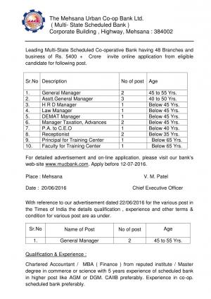 Mehsana Urban Co-op Bank Ltd. Recruitment 2016 for 15 Manager & Other Posts 