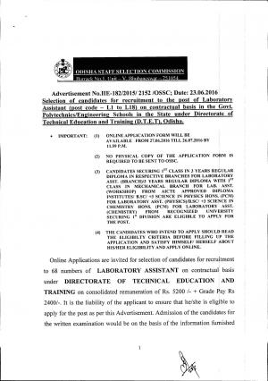 OSSC Recruitment 2016 for 68 Laboratory Assistant Posts, Apply by 26 July 2016 