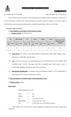 APSC Recruitment 2016 for 35 Assistant Engineer & Other Posts