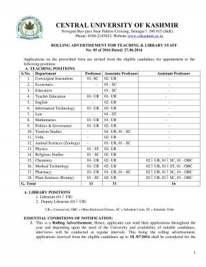 Central University of Kashmir Recruitment 2016 for 60 Associate/Assistant Professor & Other Posts