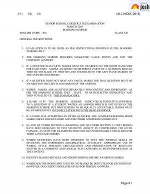 CBSE Class 12 English Core Marking Scheme (All India): 2016