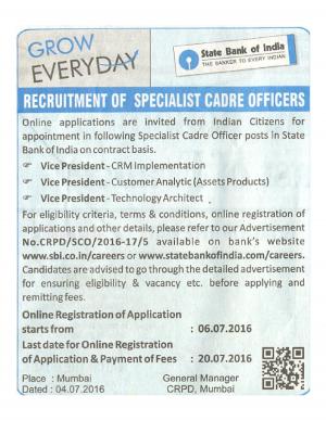 SBI  Recruitment 2016 for 03 Vice President Posts , Apply by 20 July 