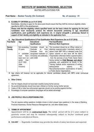 IBPS Recruitment 2016 for 01  Banker Faculty Post