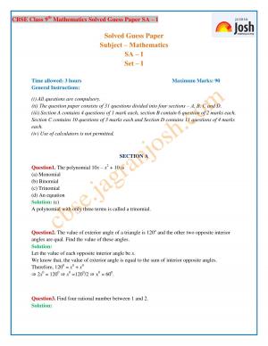 CBSE Class 9th Mathematics Solved Guess Paper SA-I: Set-I 2016 - 2017