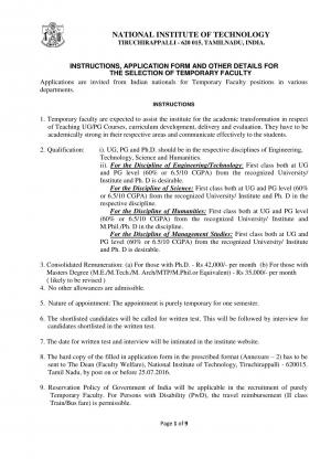 NIT Tiruchirappalli Recruitment 2016 for 59 Temporary Faculty Posts