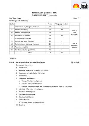 CBSE Class 12 Psychology Syllabus 2016 – 2017 