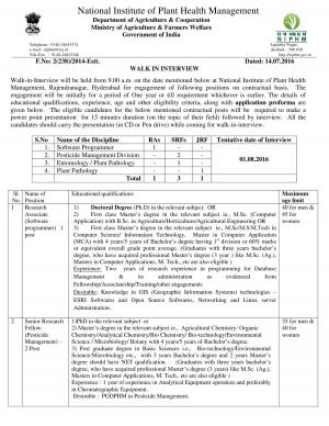 NIPHM Recruitment 2016 for 05 SRF, JRF & RA Posts