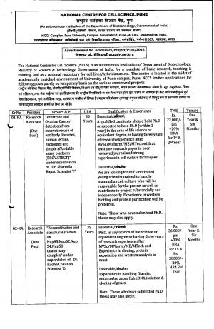 NCCS Recruitment 2016 for 11 JRF, SRF, RA & Project Assistant Posts