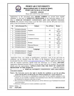 Periyar University Recruitment 2016 for Assistant Professor Posts
