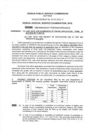 Odisha Judicial Service Examination 2016 for 153 Civil Judge Posts 