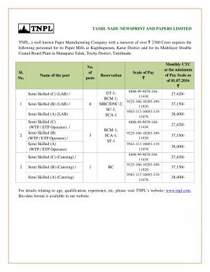 TNPL Recruitment 2016 for 10 Semi Skilled Posts