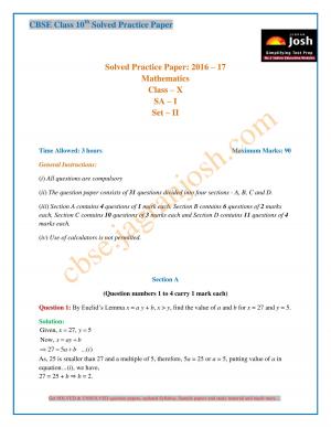 CBSE Class 10 Mathematics Solved Practice Paper SA – I: 2016 – 2017 (Set – II)