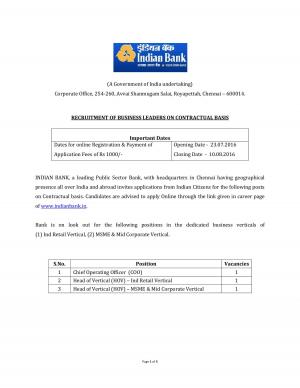 Indian Bank Recruitment 2016 for 03 COO and HOV Posts  