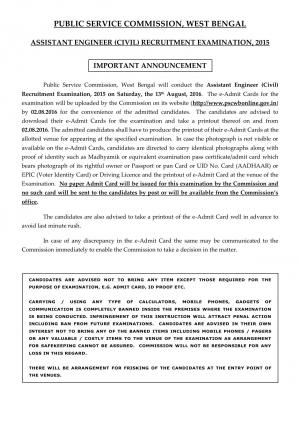 WBPSC Assistant Engineer (Civil) Recruitment Examination 2015