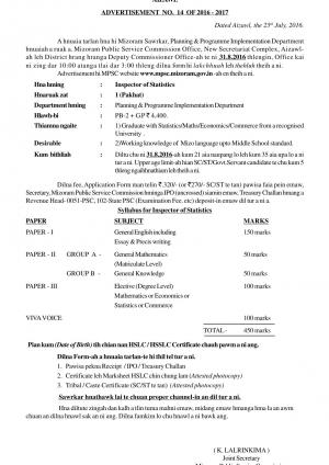 Mizoram PSC Recruitment 2016 for Inspector (Statistics) Posts