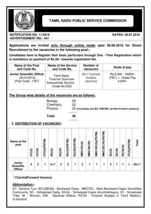 TNPSC Recruitment 2016 for 30 Junior Scientific Officer Posts