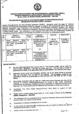 DEBEL Recruitment 2016 for 02 JRF Posts 